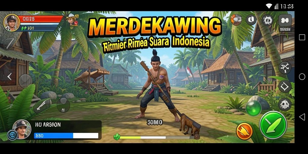 Tampilan gameplay menarik MERDEKAWING dengan berbagai lagu dan tantangan.